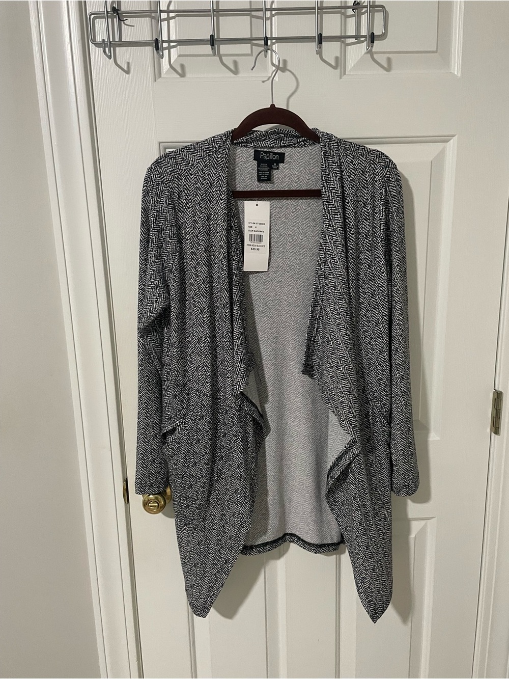 Papillon Blanc Open-Front Gray & White Herringbone Women's Sweater medium nwt
